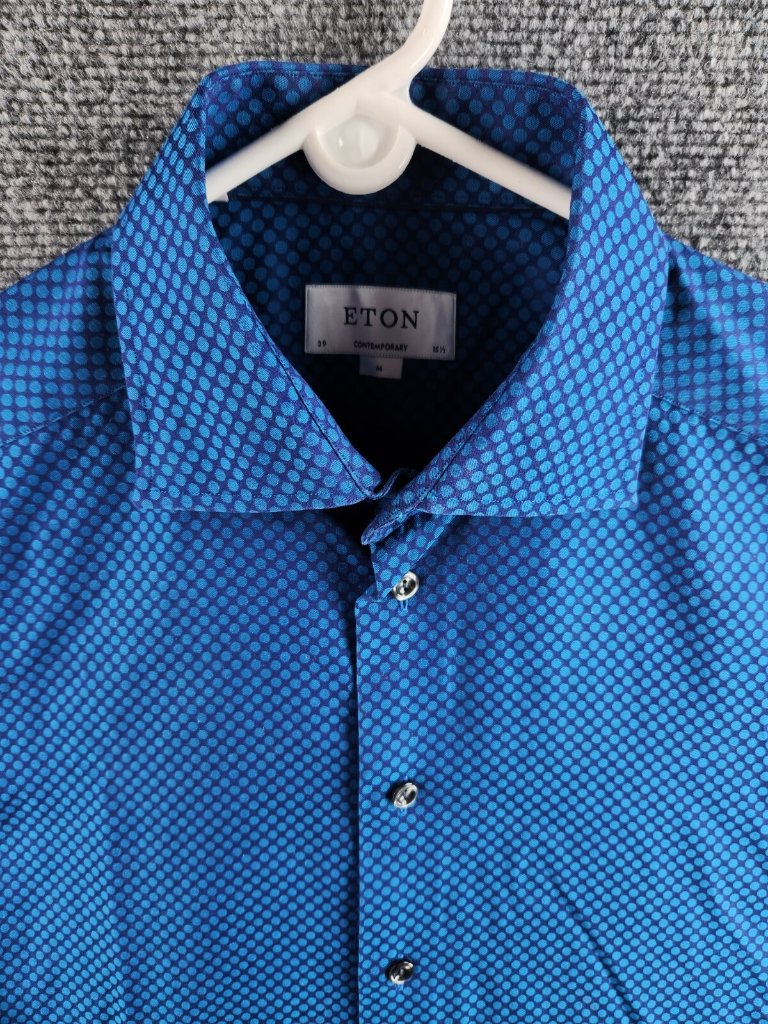 Eton Medium 15.5 Blue Dotted Button Up Long Sleeve Shiny Cotton Signature Twill